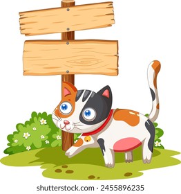 Colorful cat beside a blank wooden sign in grass.