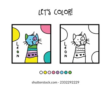 Colorful cat character. Let's color. Color activity for kids. Printable. 
