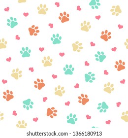 Colorful Cat Or Dog Paw Print - Seamless Pattern Vector Illustration