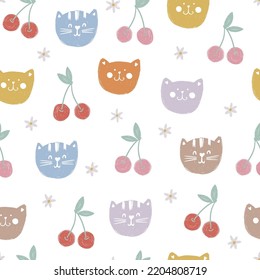 Colorful cat face and cherry on a white background. Vector seamless pattern with cute animals. Can be used for nursery, wallpaper, print, baby clothes.