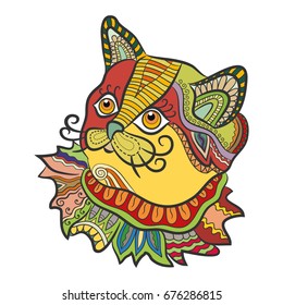 Colorful Cat face. Hand drawn doodle animal illustration. Zen art for textile fabric print, T-shirt emblem, logo, tattoo, coloring book page, isolated design element on white background