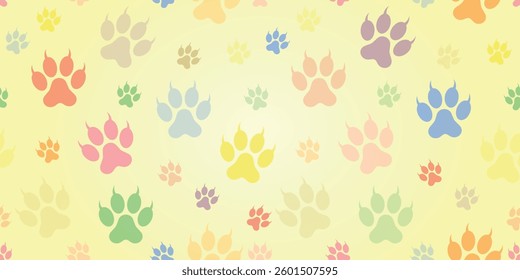Colorful Cat Footprints Background - Colored Large and Small Paws with Claws on Yellow Gradient Rectangular Background.