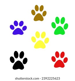 colorful cat footprints. Paw vector icon footprints in red, yellow, green, blue, black, and brown colors.