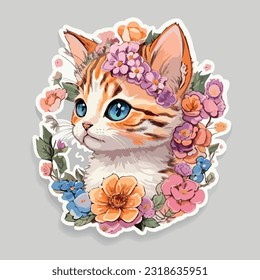 colorful cat head icon on pop art style illustration, T shirt graphics. Custom print design for all types of surfaces. illustrations with cats and flowers