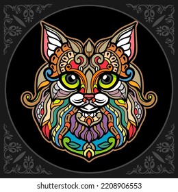 Colorful cat head mandala arts isolated on black background