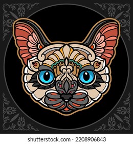 Colorful cat head mandala arts isolated on black background