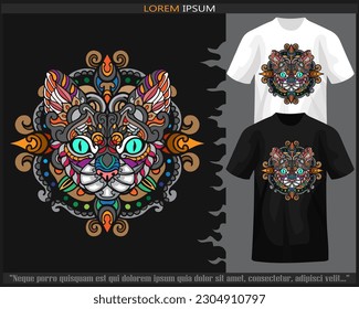 Colorful Cat head mandala arts isolated on black and white t shirt.