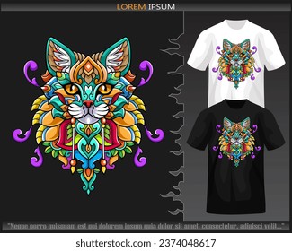 Colorful cat head mandala arts isolated on black and white t shirt.