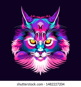 Colorful cat head, modern pop art style, dark purple background. - Vector.
