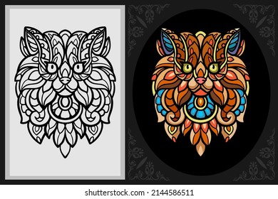 Colorful cat head zentangle art with black line sketch isolated on black and white background