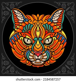 Colorful cat head zentangle arts isolated on black background.