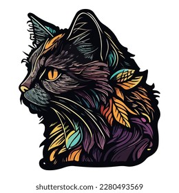 Colorful Cat In Leafs Flat Icon Isolated On White Background