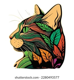 Colorful Cat In Leafs Flat Icon Isolated On White Background