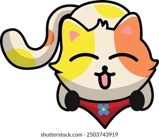 A colorful cat is lying down making a pampered face