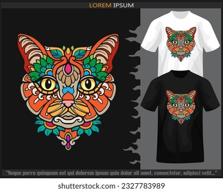 Colorful cat mandala arts isolated on black and white t shirt.