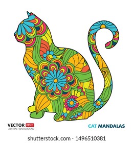 Colorful Cat Mandalas for coloring book. Decorative round ornaments. Unusual flower shape. Oriental vector, Anti-stress therapy patterns. Weave design elements. Yoga logos Vector