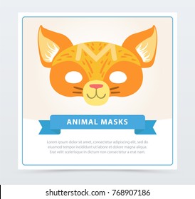 Colorful cat masquerade mask. Cute domestic animal muzzle. Cartoon flat vector design for birthday party invitation, greeting card or poster