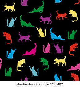 Patrón de gato colorido sobre fondo negro. Patrón transparente de vía de acción de los gatos. Diseño gráfico para la decoración, papel pintado, tela, etc.