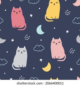 Colorful cat pattern with sky seamless pattern. Animal cartoon character background. design use for gift wrap typography background, baby clothes, textile, vector illustration.