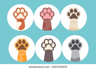 Colorful cat paws in circles set, cat paws, dog's paw, cat vector illustration, kitten feet in pastel circles