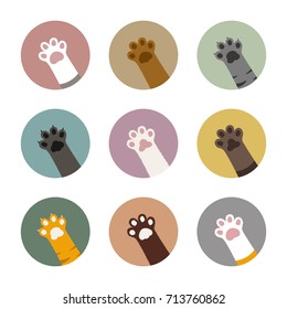 colorful cat paws in circles set, cat paws bundle, cat vector illustration, adorable kitten feet in pastel circles