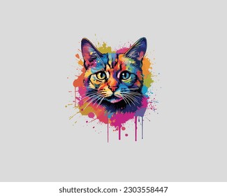 Colorful cat portrait with splashes on white background. Vector illustration.