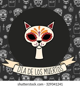 Colorful cat skull on Day of the dead (Halloween) seamless background with skulls, tombstones, tequila, flowers and candles. Vector eps10.