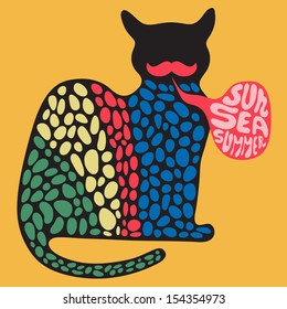 Colorful cat with sun sea summer banner.