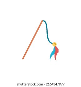 Colorful cat toy stick with ball and feathers flat style, vector illustration isolated on white background. Playing pet accessory, kitten amusement, game activity for indoor pet