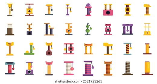 Colorful cat trees collection with hanging balls, scratching posts, platforms and houses, isolated on white background