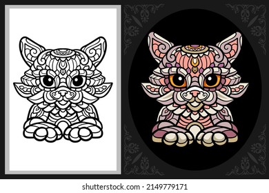 Colorful cat zentangle art with black line sketch isolated on black and white background