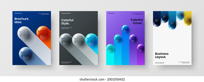 Farbige Katalog-Cover A4 Vektor Design-Konzept-Paket. Creative 3D Bälle Postcard Template Set.