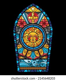 Colorful cathedral mosaic window in gothic design with religion elements on black background vector illustration