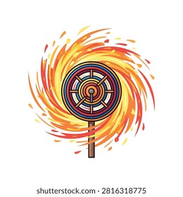 Colorful Catherine wheel firework spinning with sparks.