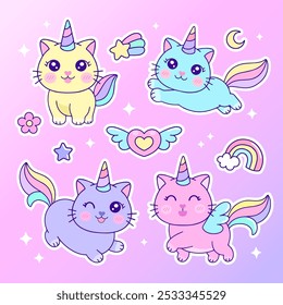 Colorful caticorn cat unicorn character illustration