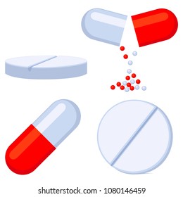 Colorful catroon medical drugs set isolated on white background. Healthcare themed vector illustration for icon sticker sign, patch, certificate badge, gift card, stamp logo, label, poster, web banner