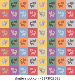 Colorful cats and bows seamless repeat pattern 