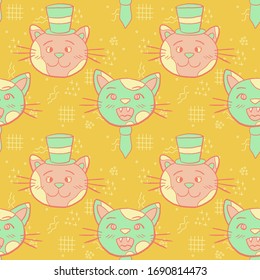 Colorful cats with cylinder hats and ties, vector seamless pattern
