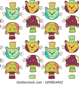 Colorful cats with cylinder hats, vector seamless pattern