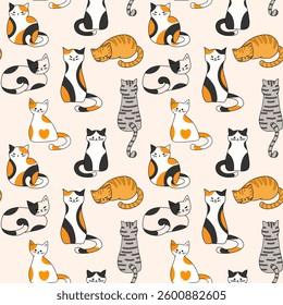 Colorful cats in different poses on a beige background seamless vector pattern, texture for textile printing, wallpaper, decor