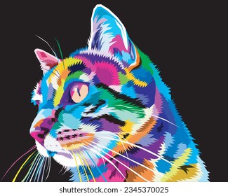 colorful cat's face looks sideways with a black background