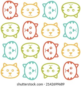 Colorful cat's head seamless pattern. Vector background.