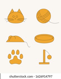 colorful cat's icon set - a cat head, a ball of wool, a mouse, a bowl, a scratching post and a cat paw print