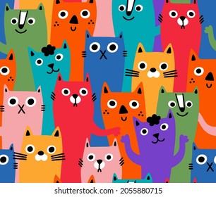 Colorful cats seamless pattern. Cute domestic animals vector background.