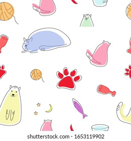 Colorful cats seamless pattern on a white background