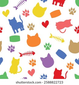 Colorful Cats Silhouette Pattern - Messy Silhouettes of Cats, Sardine Cans, Fish Skeletons, Hearts and Paws. Seamless Link.