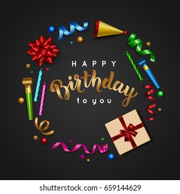 Colorful celebration background with candle, birthday hat, bow, ribbon. Brush calligraphy. Vector illustration
