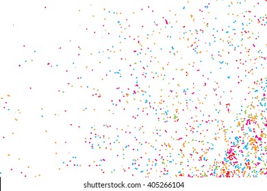 Colorful celebration background with confetti isolated on white, holiday illustration. Abstract background with many splattered falling round glitter pieces. Sprinkle random pattern, confetti blow. 