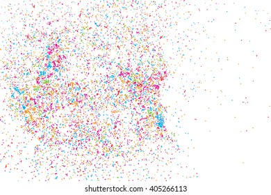 Colorful celebration background with confetti isolated on white, holiday illustration. Abstract background with many splattered falling round glitter pieces. Sprinkle random pattern, confetti blow. 
