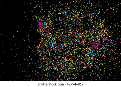 Colorful celebration background with confetti isolated on black, Abstract background with many splattered falling round glitter pieces. Sprinkle random pattern made of confetti blow drops.
